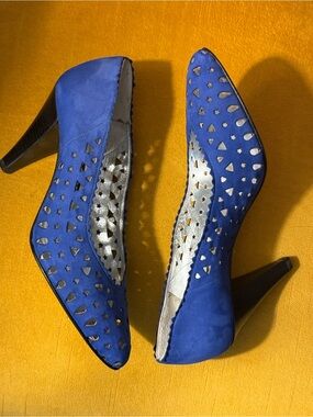 PANCALDI Cobalt Blue Cutout Suede Pointed High Heels Vintage Italian Designer